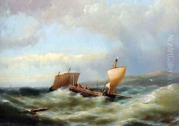 Sailors in a barge on a choppy sea Oil Painting by Hermanus Jr. Koekkoek