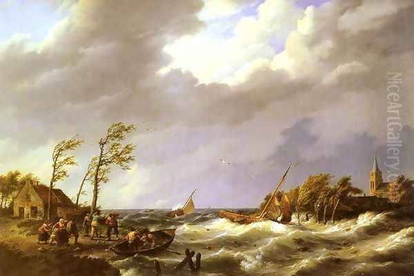 Dutch Fishing Vessel caught on a Lee Shore with Villagers and a Rescue Boat in the foreground Oil Painting by Hermanus Jr. Koekkoek