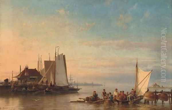 Calm water, with fishing boats at [sic] the river near Amsterdam Oil Painting by Hermanus Jr. Koekkoek