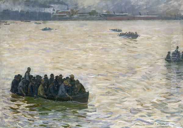 Shipyard Workers Returning Home on the Elbe Oil Painting by Leopold Karl Walter von Kalckreuth