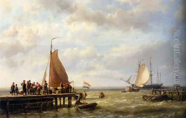 Provisioning a Tall Ship at Anchor Oil Painting by Johannes Hermanus Koekkoek Snr