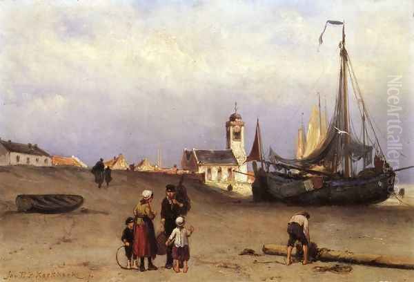 Fisher Folk and Beach Bomschuiten, near Katwijk Oil Painting by Johannes Hermanus Koekkoek Snr