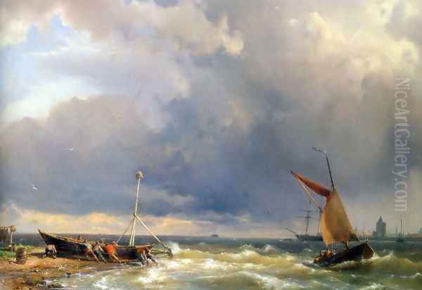 Shipping in a Stiff Breeze near Enkhuizen Oil Painting by Johannes Hermanus Koekkoek Snr