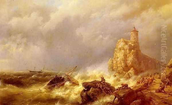 A Shipwreck In Stormy Seas Oil Painting by Johannes Hermanus Koekkoek Snr