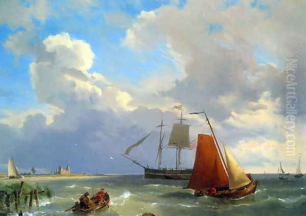 Shipping in a Choppy Estuary Oil Painting by Johannes Hermanus Koekkoek Snr