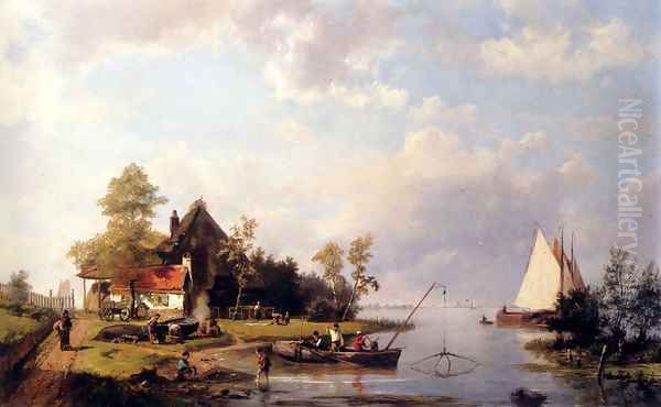 A River Landscape With A Ferry And Figures Mending A Boat Oil Painting by Johannes Hermanus Koekkoek Snr