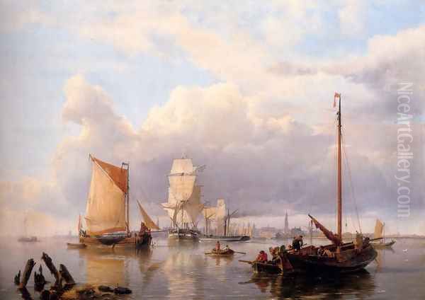 Shipping On The Scheldt With Antwerp In The Background Oil Painting by Johannes Hermanus Koekkoek Snr