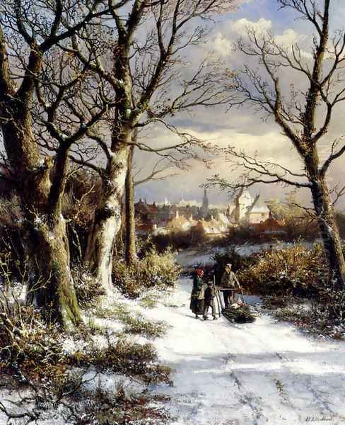 Figures On A Snowy Road Oil Painting by Johannes Hermanus Koekkoek Snr