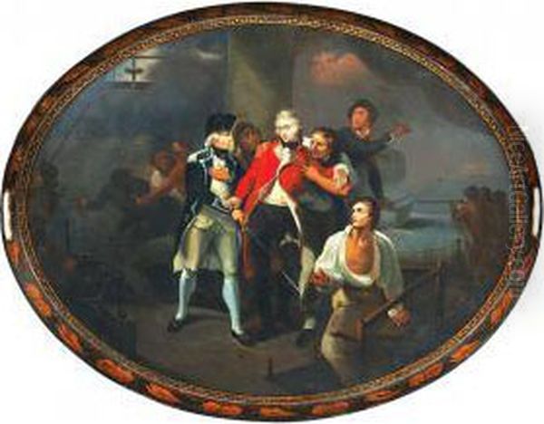 Of Oval Form, Painted With 
Captain Henry Trollope With Themortally Wounded Captain Henry Ludlow 
Strangeways On The Deck Ofhms Glatton, After A Painting By Henry 
Singleton, With A Giltfoliate Border, Inscribed On The Reverse, Raised 
On A Later Faux Oil Painting by George Vicat Cole