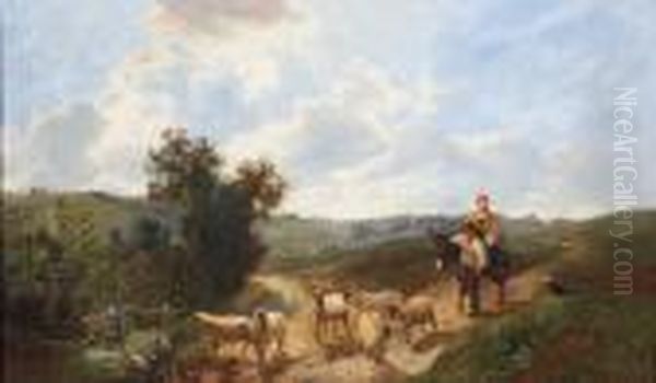 Travellers And Sheep On A Country Road Oil Painting by George Vicat Cole