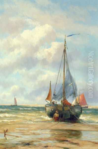 A Bomschuit in the Breakers Oil Painting by Johannes Hermanus Koekkoek Snr