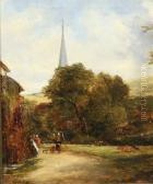 Figures On A Village Lane Oil Painting by George Vicat Cole