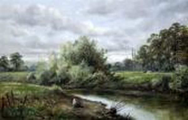 Angler And Cattle In A River Landscape Oil Painting by George Vicat Cole