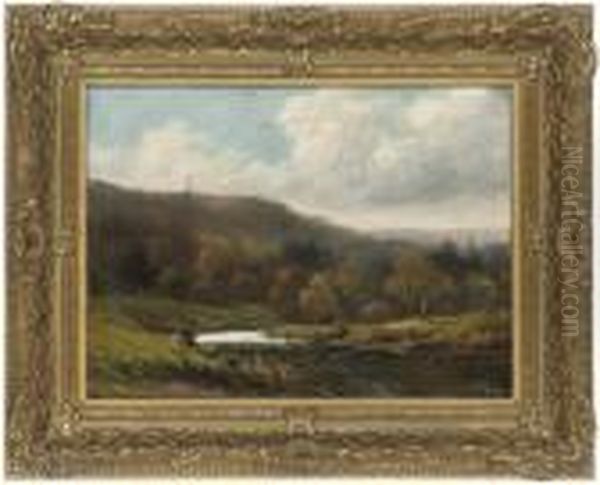 An Angler In A River Landscape Oil Painting by George Vicat Cole