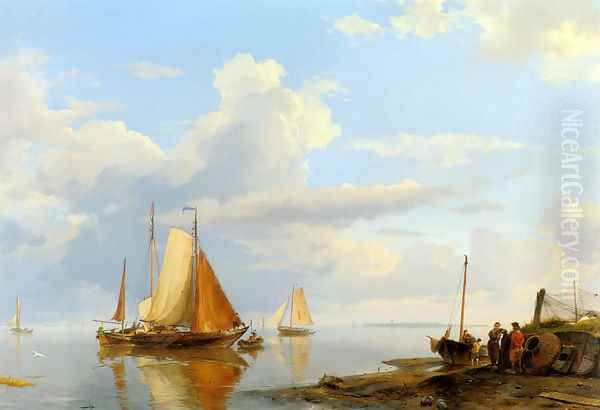 Figures Coming Ashore in a Calm Oil Painting by Johannes Hermanus Koekkoek Snr