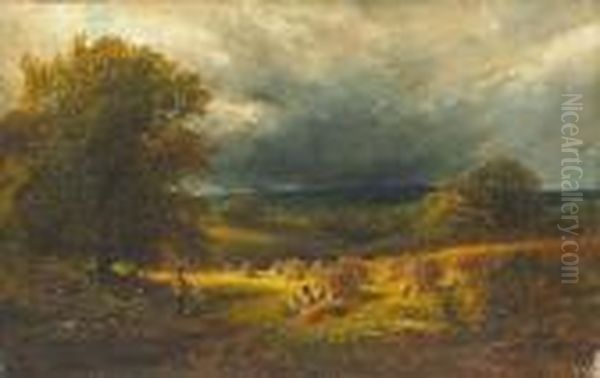 Figures In A Hayfield Under Threatening Skies Oil Painting by George Vicat Cole