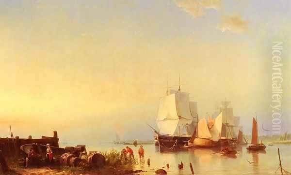 Three Mast Ships at Anchor Oil Painting by Johannes Hermanus Koekkoek Snr