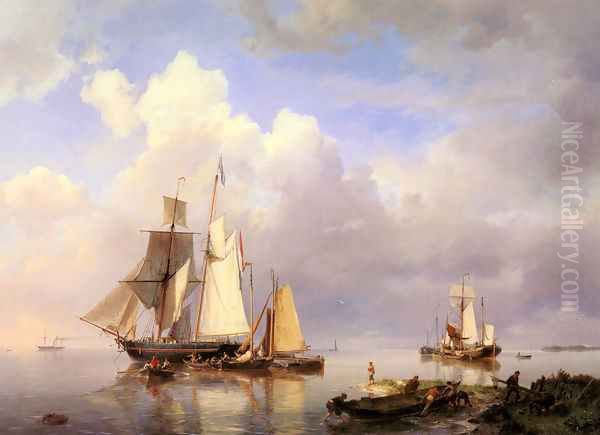 Vessels at Anchor in an Estuary with Fisherman hauling up their rowing boat in the Foreground Oil Painting by Johannes Hermanus Koekkoek Snr