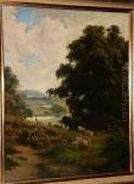 Figures And Sheep, A River Beyond Oil Painting by George Vicat Cole