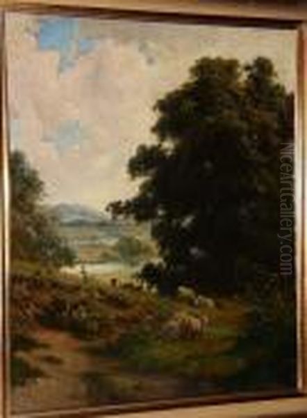 Figures And Sheep, A River Beyond Oil Painting by George Vicat Cole