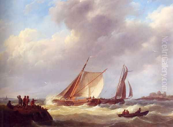 Fishermen On A Jetty Overlooking A River Estuary, A Castle Beyond Oil Painting by Johannes Hermanus Koekkoek Snr