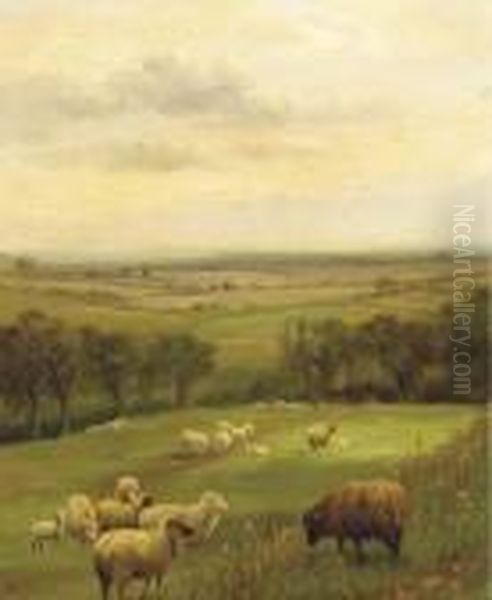 Sheep Grazing In An Extensive Country Landscape Oil Painting by George Vicat Cole