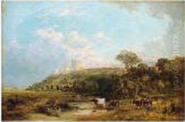 Cattle Watering, Windsor Castle Beyond Oil Painting by George Vicat Cole