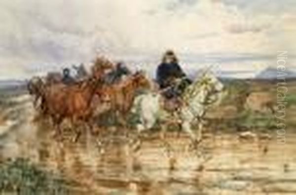 Butteri Con Mandria Di Cavalli Nella Campagna Romana Oil Painting by Enrico Coleman