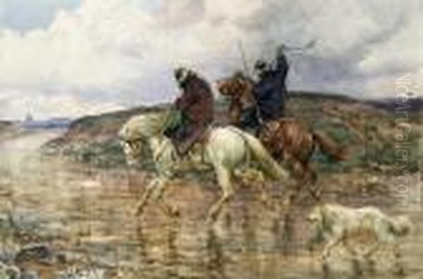 Due Butteri A Cavallo Con Roma In Lontananza Oil Painting by Enrico Coleman