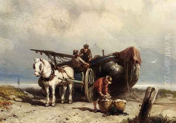 Unloading The Catch Oil Painting by Johannes Hermanus Koekkoek Snr