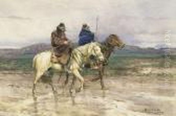 Due Butteri A Cavallo Nel Paesaggio Oil Painting by Enrico Coleman