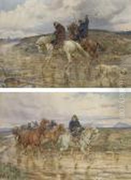 Deux Cavaliers A Cheval Avec Un 
Chien; Et Deux Cavaliers Convoyantdes Chevaux Dans La Campagne Oil Painting by Enrico Coleman