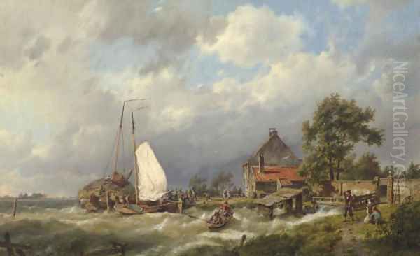 Boats Docking in an Estuary Oil Painting by Johannes Hermanus Koekkoek Snr