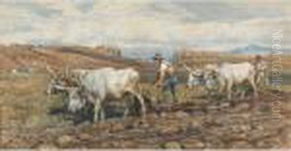 Peasants Tilling The Fields In The Campagna Of Rome Oil Painting by Enrico Coleman