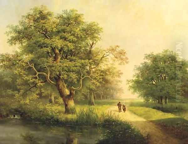 Travellers passing a stream in a wooded landscape Oil Painting by Johannes Hermanus Koekkoek Snr