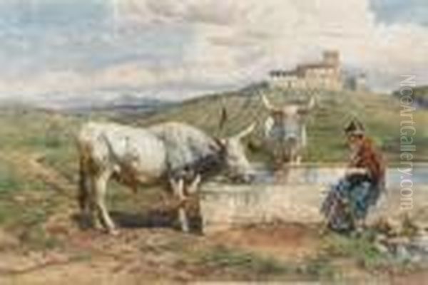 Boy And Oxen Watering At A Trough In The Roman Campagna Oil Painting by Enrico Coleman