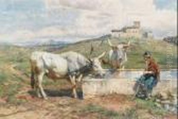 Boy And Oxen Watering At A Trough In The Roman Campagna Oil Painting by Enrico Coleman