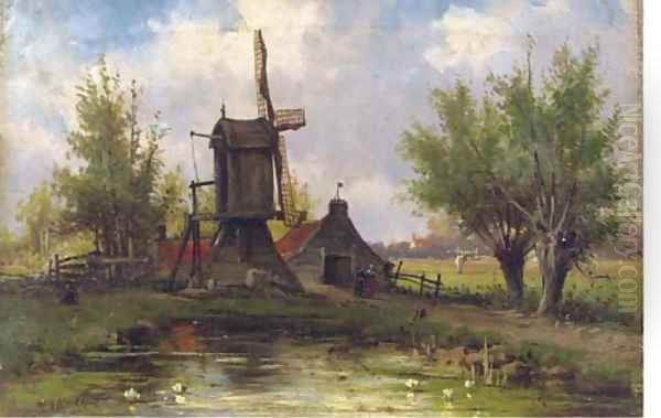 Windmill in a Dutch landscape Oil Painting by Johannes Hermanus Koekkoek Snr