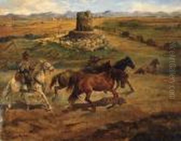 Cavalli E Buttero Nella Campagna Romana Oil Painting by Enrico Coleman