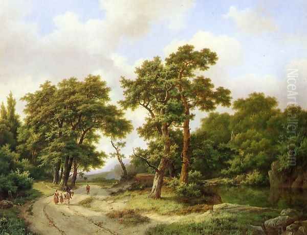 A Wooded Landscape with Travelers and A Horseman Conversing on a Track along a Pond Oil Painting by Marianus Adrianus Koekkoek