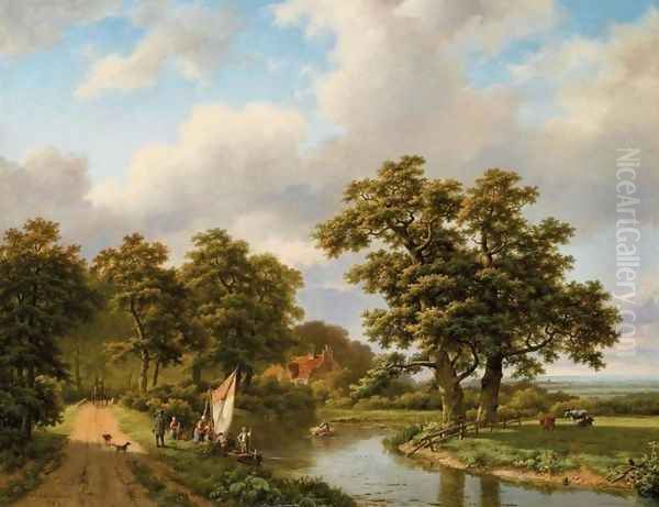 Wooded Landscape with Figures and Cattle by a River Oil Painting by Marianus Adrianus Koekkoek