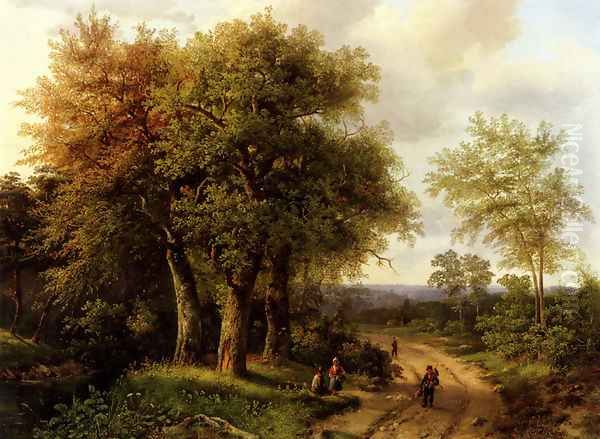 Travellers Resting On A Wooded Path Oil Painting by Marianus Adrianus Koekkoek