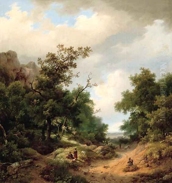 Travellers resting by the side of a path Oil Painting by Marianus Adrianus Koekkoek