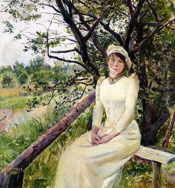 Ung Kvinne Pa En Benk (Young Woman on a Bench) Oil Painting by Christian Krohg