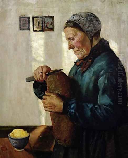 Woman cutting bread Oil Painting by Christian Krohg