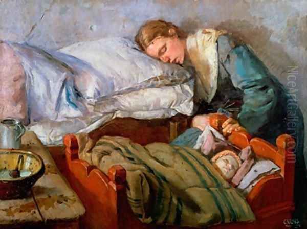 Sleeping Mother Oil Painting by Christian Krohg