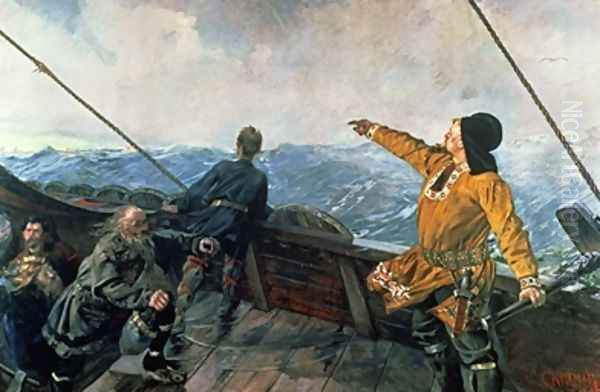 Leif Eriksson sights land in America Oil Painting by Christian Krohg