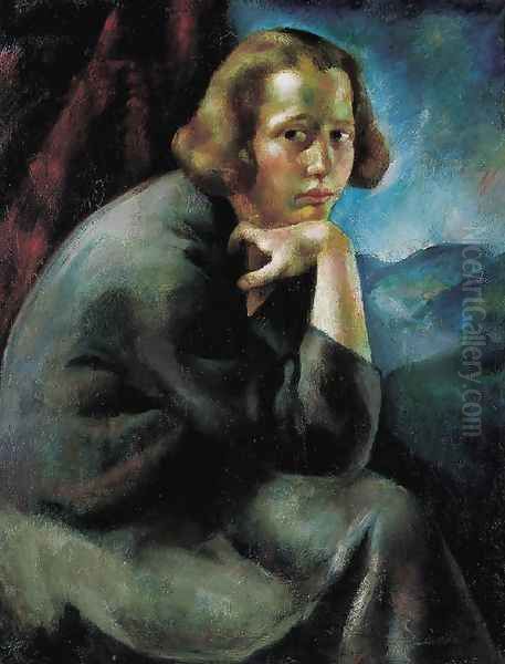 Girls Portrait Thinker; Contemplation c. 1923 Oil Painting by Erzsebet Korb