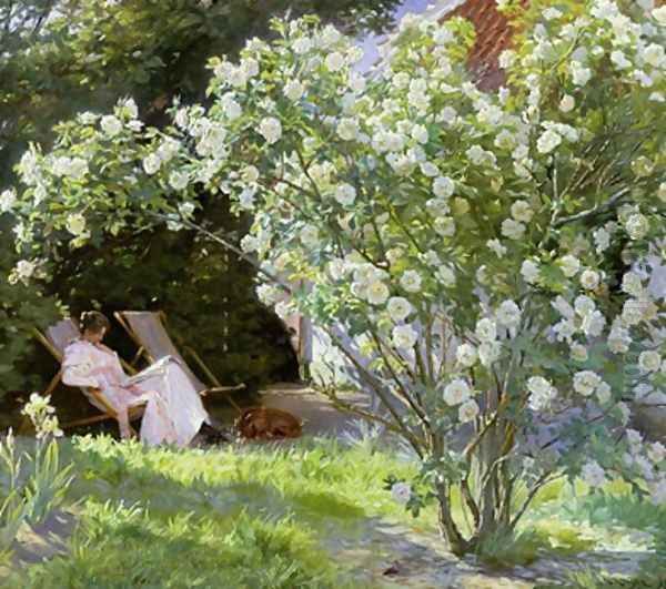 Roses or The Artists Wife in the Garden at Skagen Oil Painting by Peder Severin Kroyer