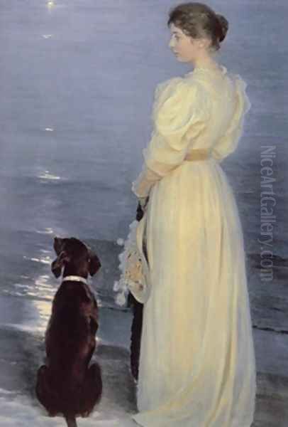 Summer Evening at Skagen the Artists Wife with a Dog on the Beach Oil Painting by Peder Severin Kroyer